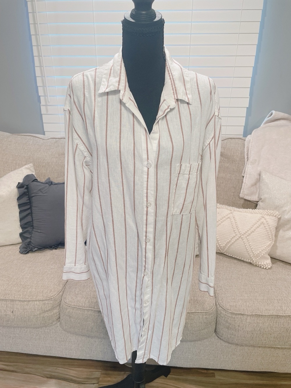 Stars Above White & Tan Linen Button Down Blouse Size L